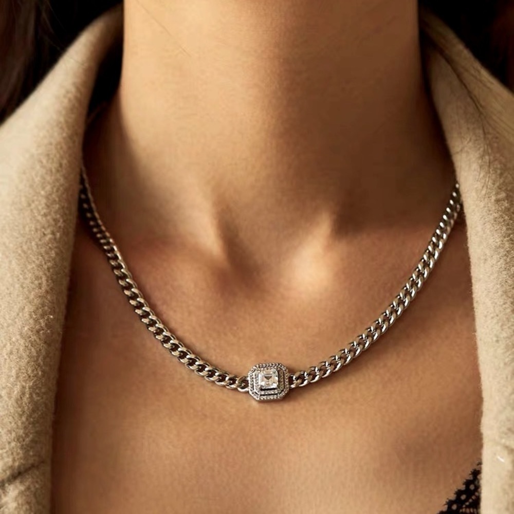 💎Street Fashion Silver Toned Zirconia Chain Necklace princess cut